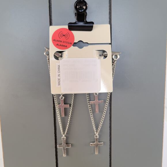 Silver Tone Multi Cross Layered Chain Pierced Earrings 3.5" Rhinestone Edgy Punk - Picture 5 of 6